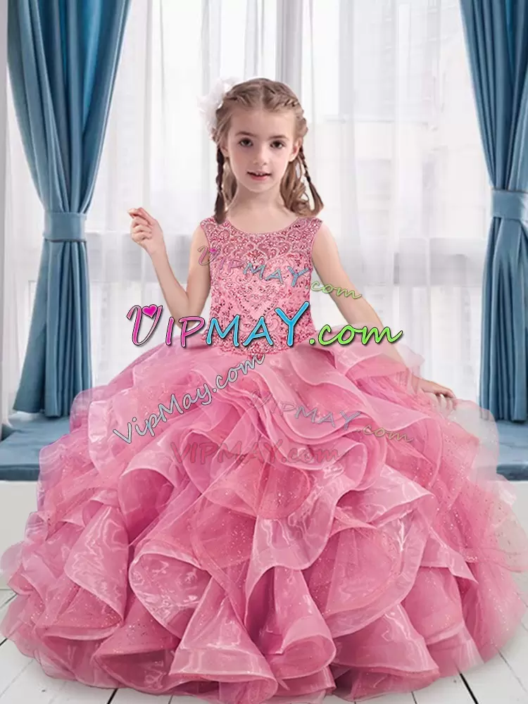 Perfect Floor Length Lace Up Girls Pageant Dresses Pink for Military Ball and Sweet 16 and Quinceanera with Beading and Lace Sweep Train