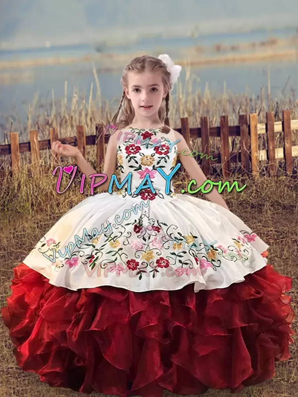 Floor Length White And Red Little Girls Pageant Dress Scoop Sleeveless Lace Up