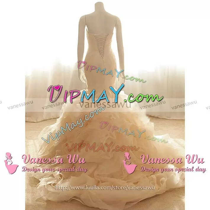 Spectacular Sweetheart Sleeveless Sweep Train Lace Up Wedding Gowns Champagne Ruffles and Ruching
