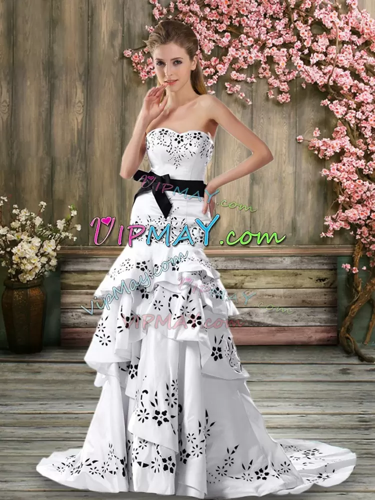 Admirable Sweetheart Sleeveless Wedding Dress Sweep Train Embroidery and Sashes ribbons White Chiffon