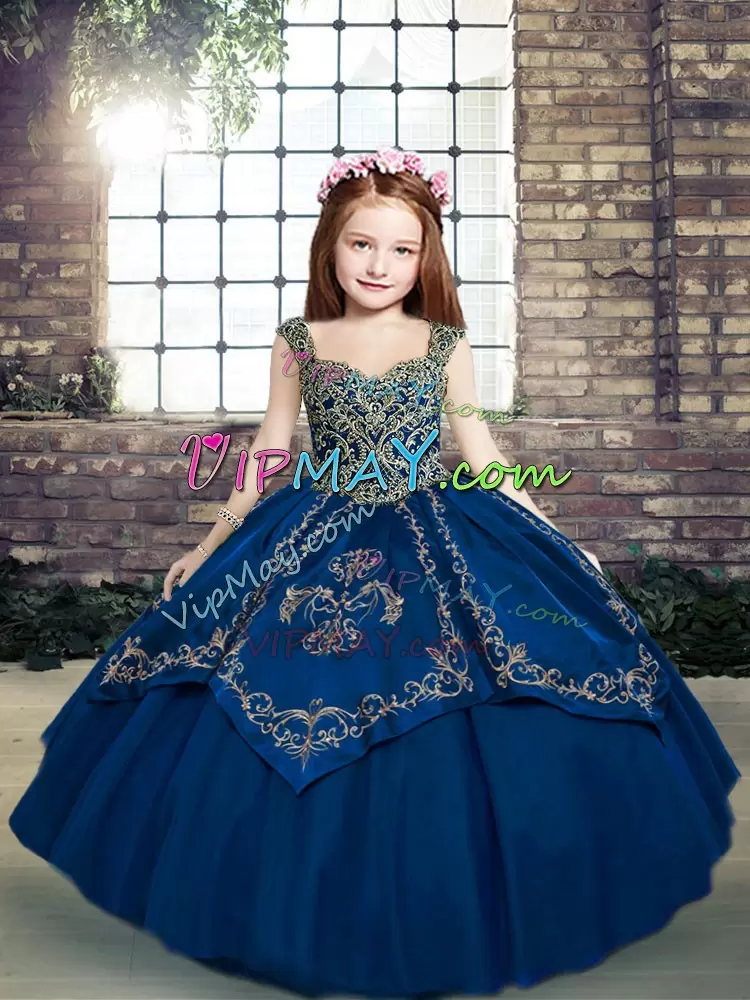 Graceful Blue Lace Up Child Pageant Dress Beading and Embroidery Sleeveless Floor Length