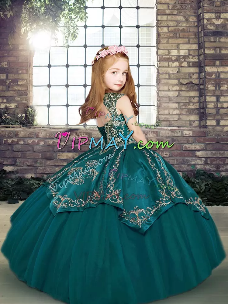 Graceful Blue Lace Up Child Pageant Dress Beading and Embroidery Sleeveless Floor Length