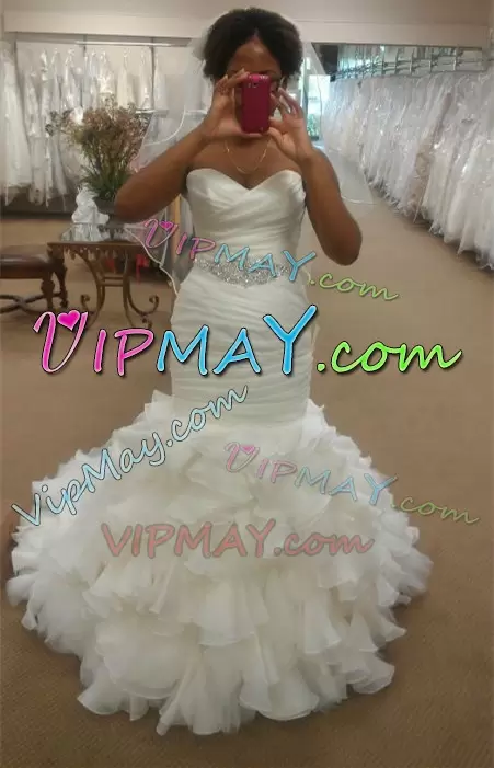 Popular White and Black Sweetheart Neckline Beading and Ruffled Layers and Ruching Wedding Gown Sleeveless Lace Up