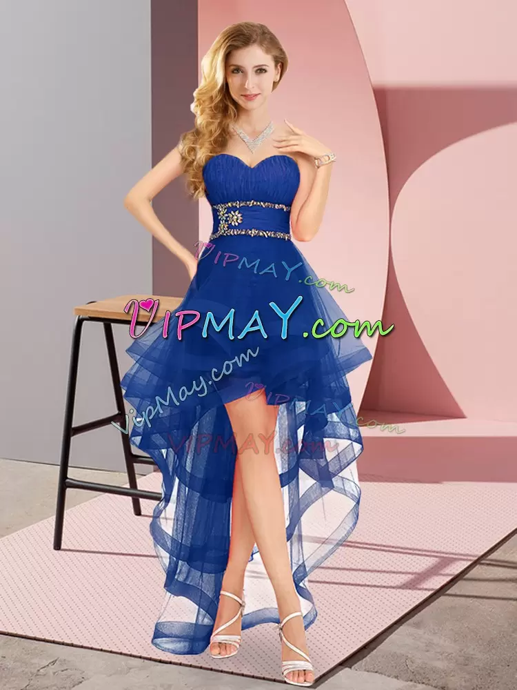 Deluxe Royal Blue Lace Up Bridesmaids Dress Beading Sleeveless High Low