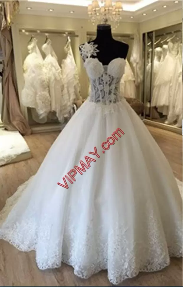Vintage White Sleeveless Tulle Lace Up Wedding Dresses for Wedding Party
