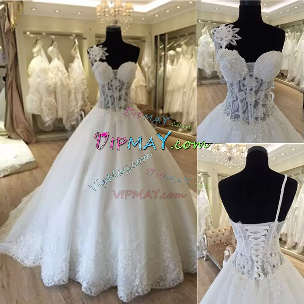 Vintage White Sleeveless Tulle Lace Up Wedding Dresses for Wedding Party