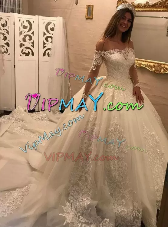 Pretty Ball Gowns Long Sleeves White Wedding Dresses Chapel Train Lace Up