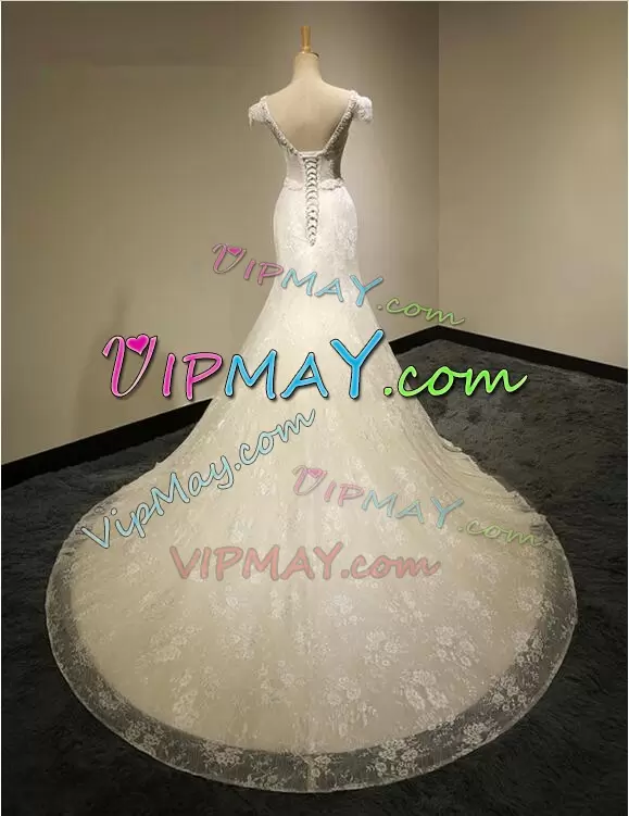 Glorious V-neck Cap Sleeves Wedding Dress Lace Chapel Train Lace Up