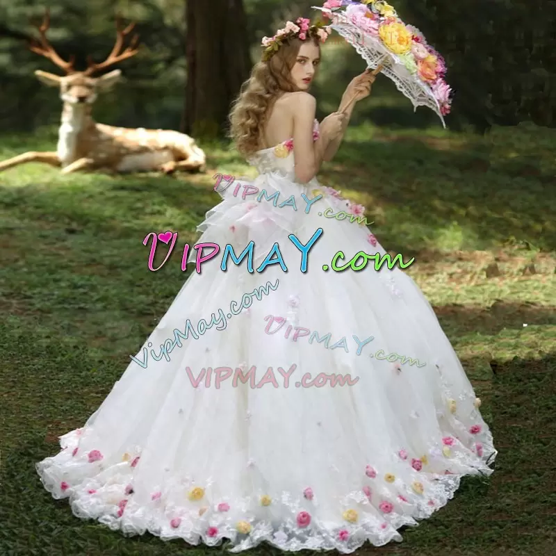 White Ball Gowns Organza Strapless Sleeveless Appliques and Bowknot and Hand Made Flower Lace Up Wedding Gown Sweep Train