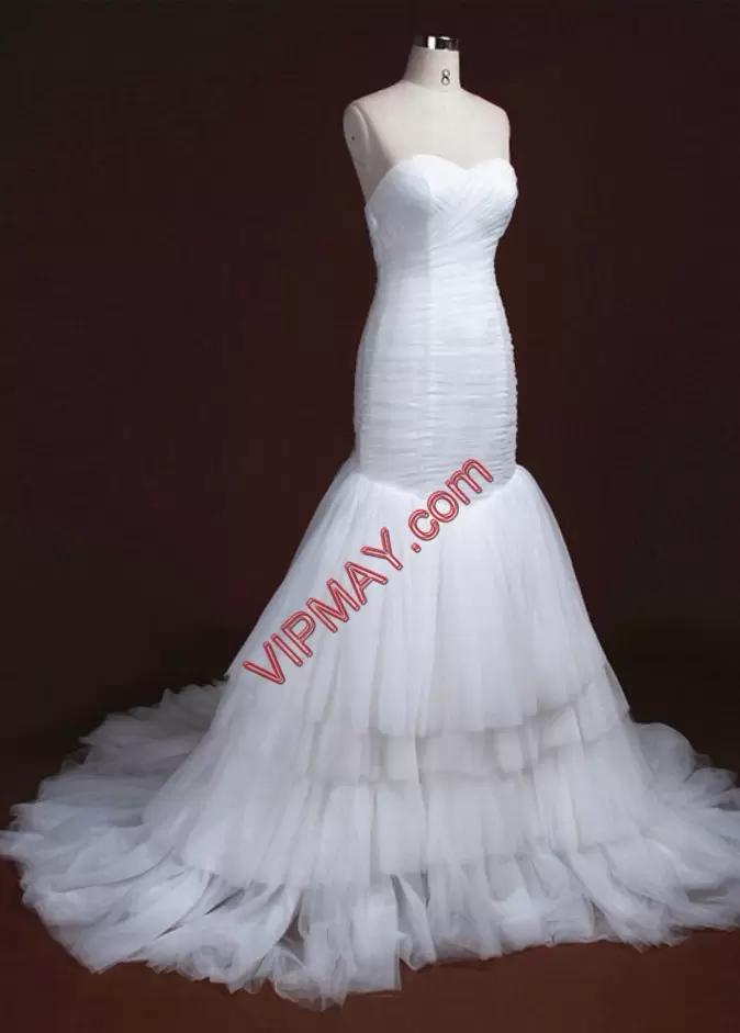 White Sleeveless Tulle Court Train Lace Up Wedding Dress for Beach and Wedding Party