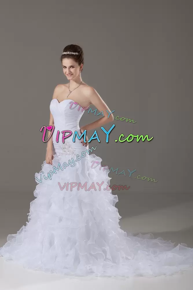 Lovely White Mermaid Beading and Ruffles Wedding Dress Lace Up Organza Sleeveless