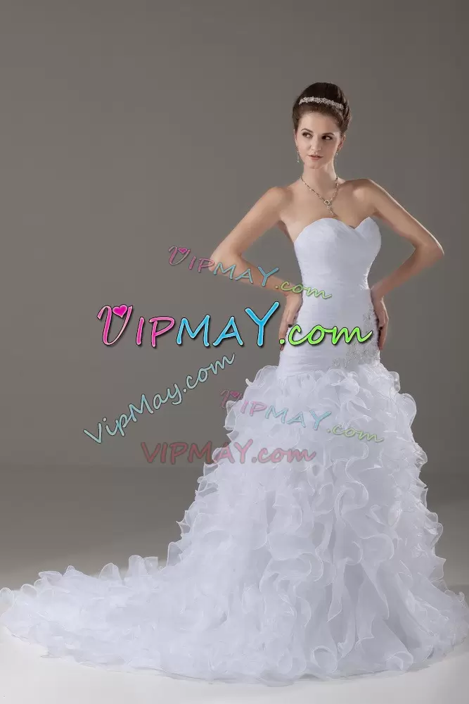 Lovely White Mermaid Beading and Ruffles Wedding Dress Lace Up Organza Sleeveless