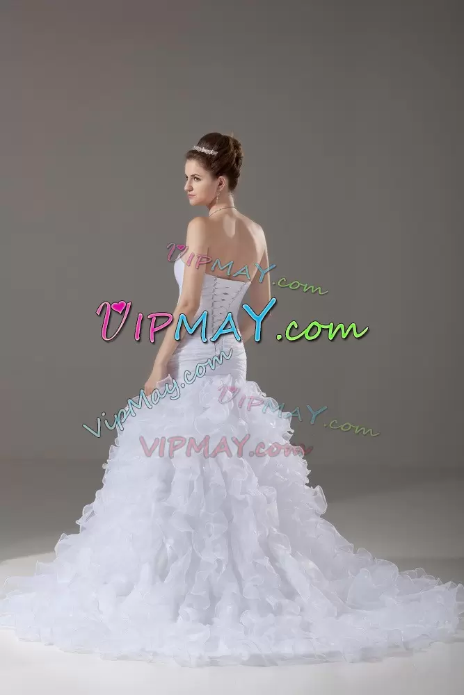 Lovely White Mermaid Beading and Ruffles Wedding Dress Lace Up Organza Sleeveless