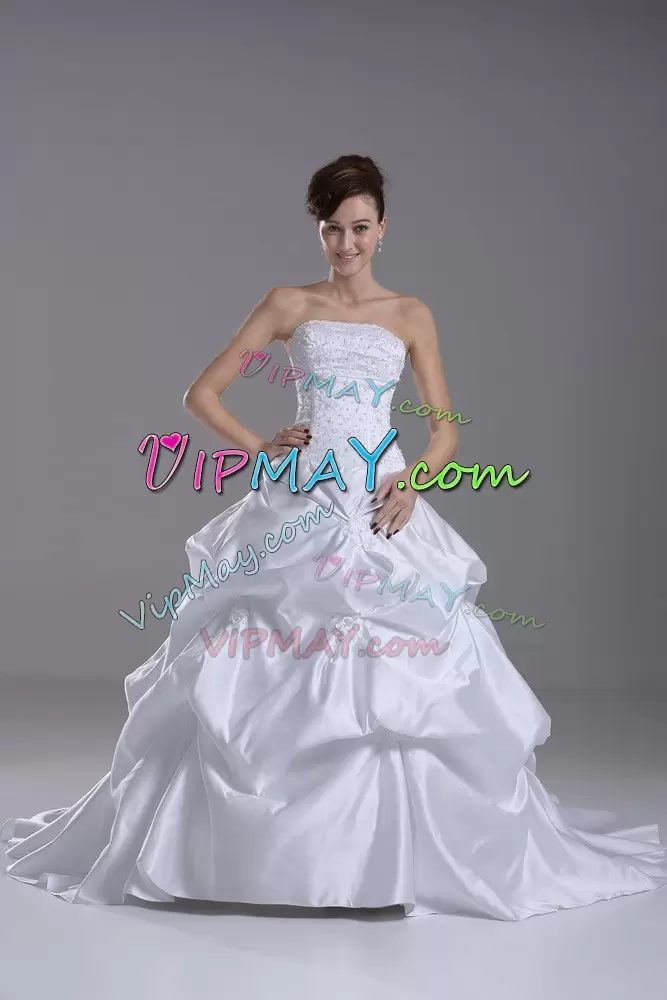 Taffeta Strapless Sleeveless Brush Train Lace Up Beading and Pick Ups Bridal Gown in White