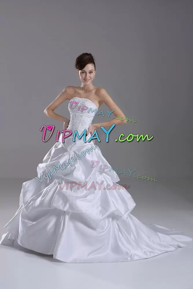 Taffeta Strapless Sleeveless Brush Train Lace Up Beading and Pick Ups Bridal Gown in White