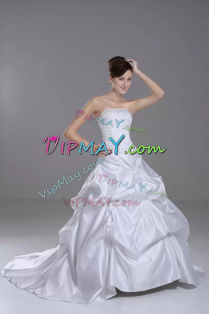 Taffeta Strapless Sleeveless Brush Train Lace Up Beading and Pick Ups Bridal Gown in White