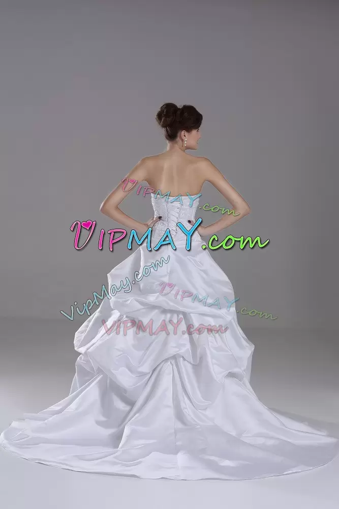 Taffeta Strapless Sleeveless Brush Train Lace Up Beading and Pick Ups Bridal Gown in White