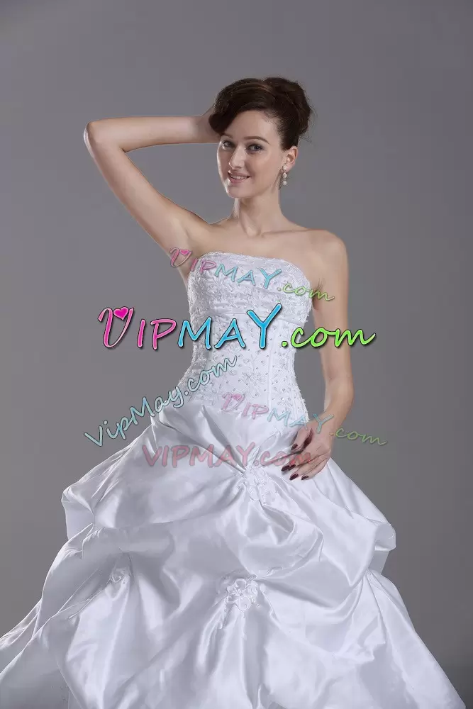 Taffeta Strapless Sleeveless Brush Train Lace Up Beading and Pick Ups Bridal Gown in White