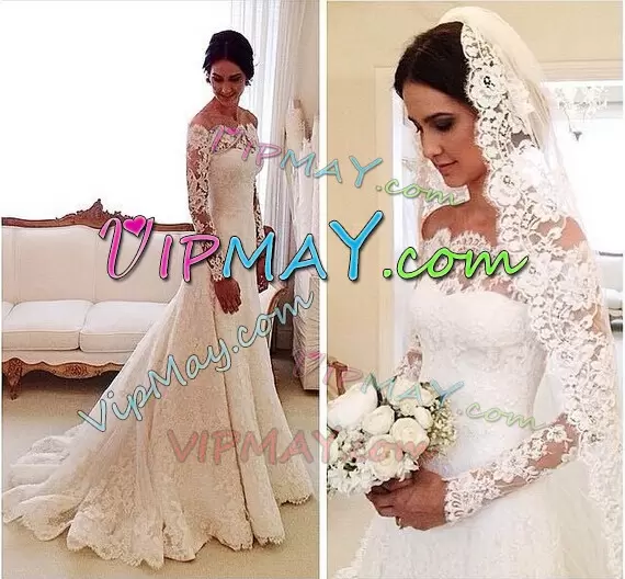 Floor Length A-line Long Sleeves White Wedding Dresses Lace Up