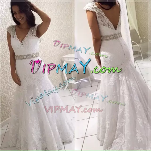 Hot Sale Mermaid Sleeveless White Wedding Dresses Sweep Train Backless