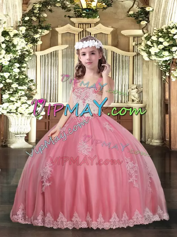 Dazzling Watermelon Red Ball Gowns Tulle Straps Sleeveless Appliques Floor Length Lace Up Pageant Dress for Girls