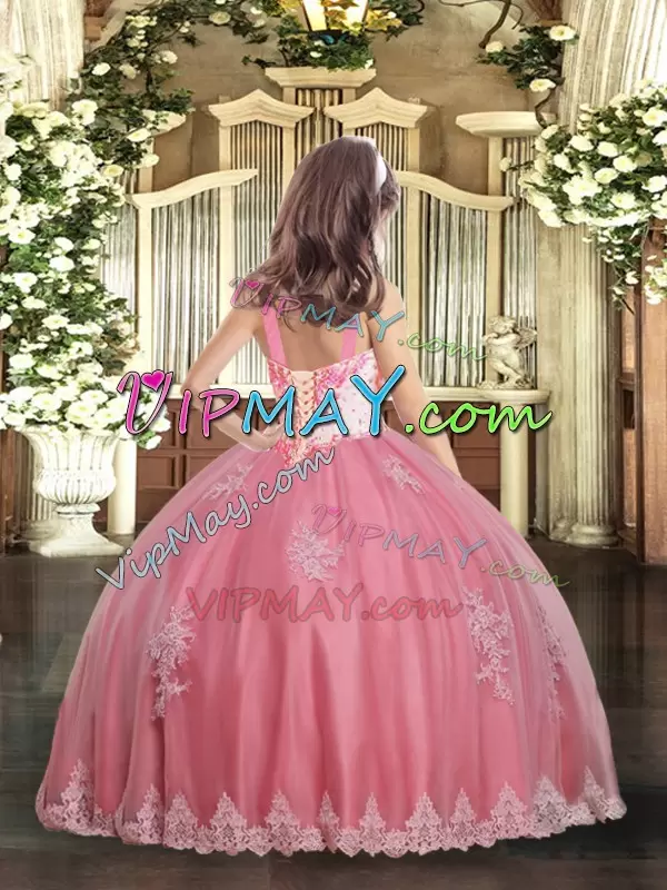 Dazzling Watermelon Red Ball Gowns Tulle Straps Sleeveless Appliques Floor Length Lace Up Pageant Dress for Girls