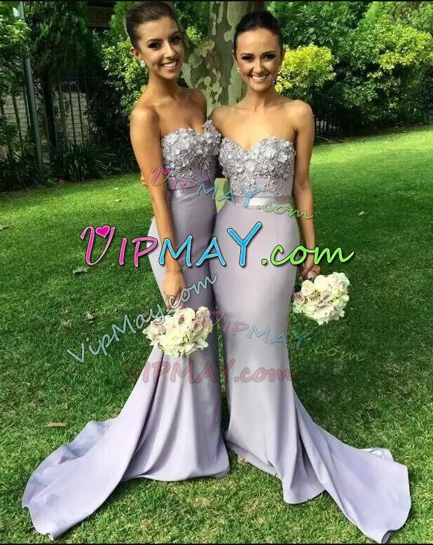 Sleeveless With Train Appliques Lace Up Wedding Guest Dresses with Grey Brush Train