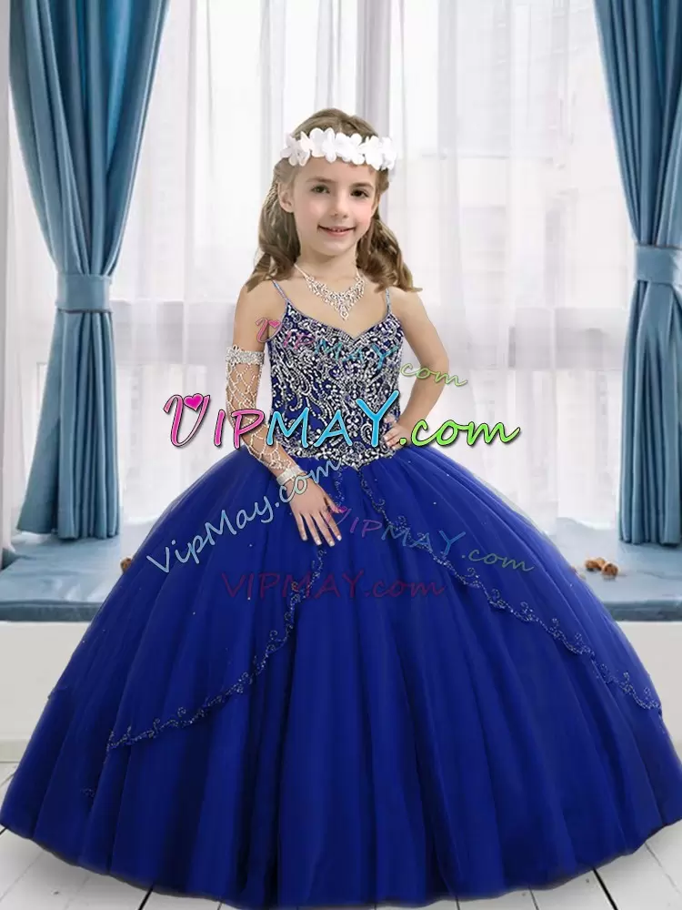 Latest Royal Blue Sleeveless Tulle Lace Up Pageant Gowns for Party and Wedding Party