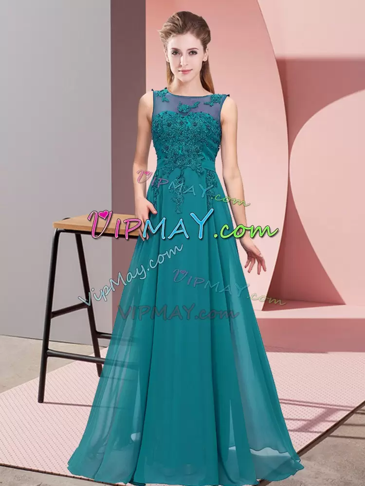 Fitting Teal Bridesmaid Gown Wedding Party with Beading and Appliques Scoop Sleeveless Zipper