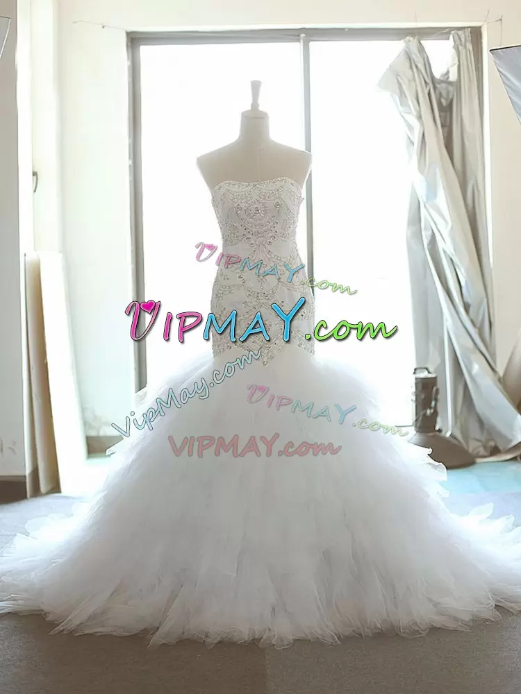 White Wedding Dress Strapless Sleeveless Brush Train Lace Up