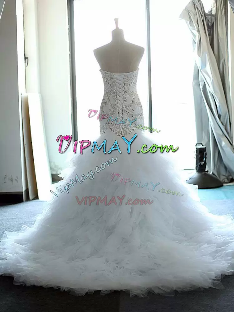 White Wedding Dress Strapless Sleeveless Brush Train Lace Up