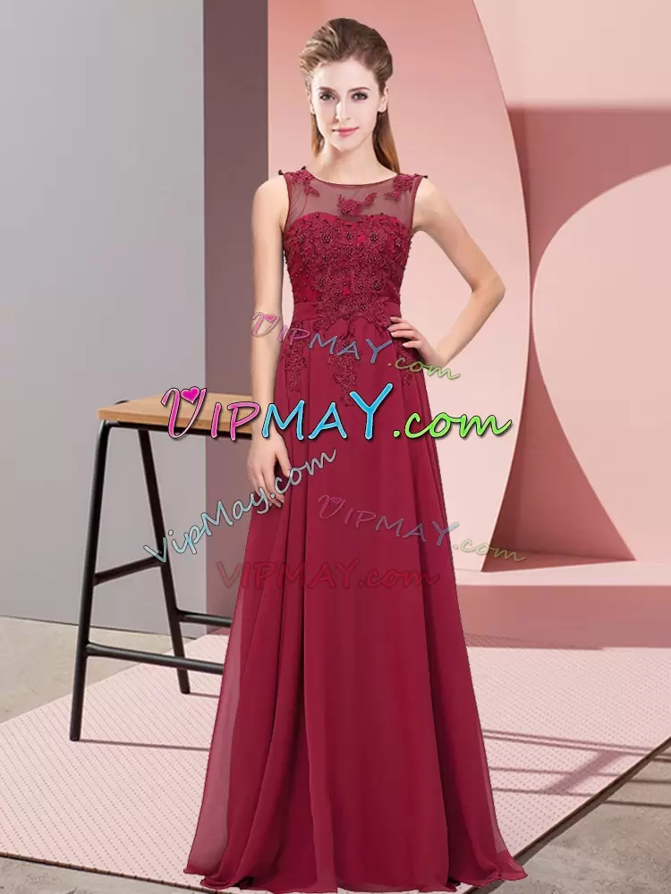 Floor Length Zipper Bridesmaid Dress Burgundy for Wedding Party with Beading and Appliques