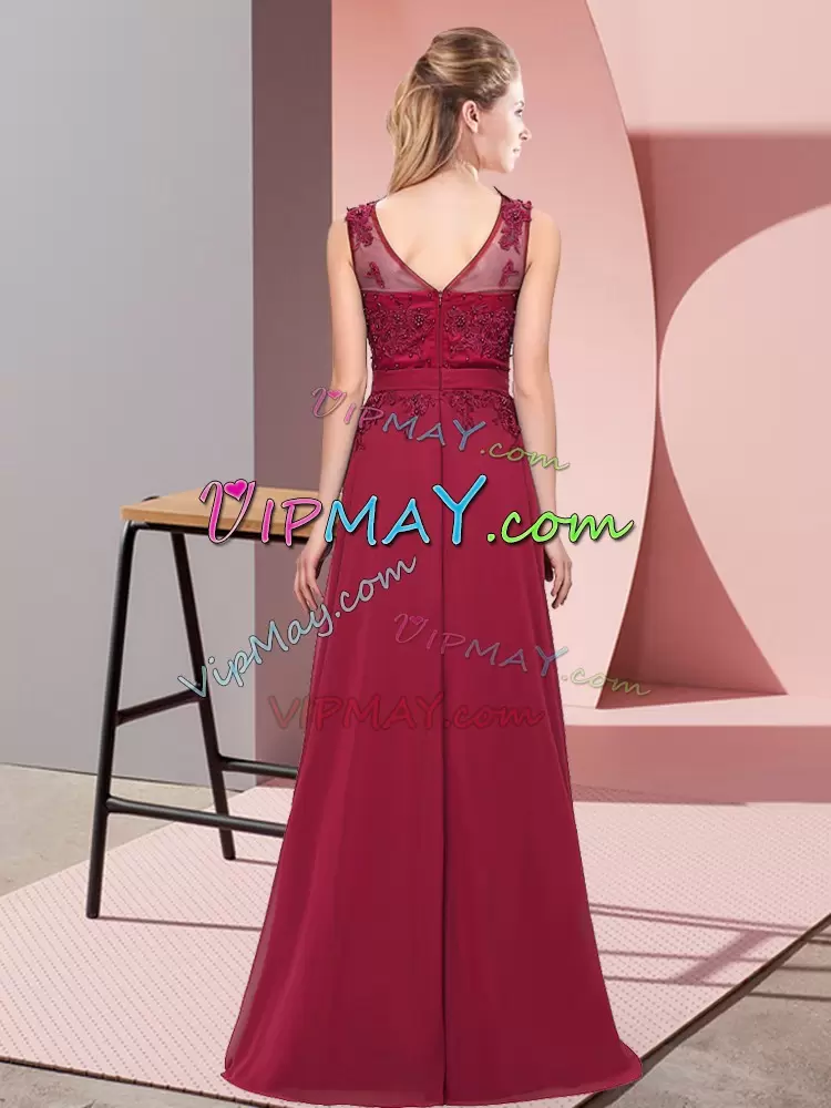 Floor Length Zipper Bridesmaid Dress Burgundy for Wedding Party with Beading and Appliques