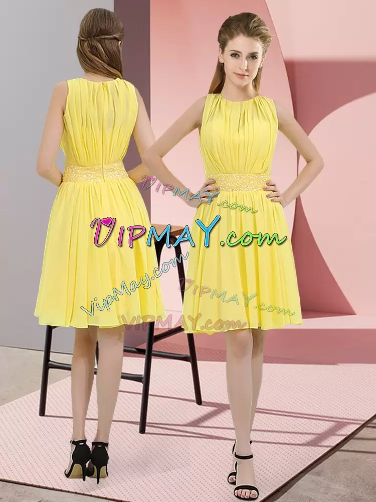 Yellow Empire Scoop Sleeveless Chiffon Knee Length Zipper Sequins Bridesmaid Gown