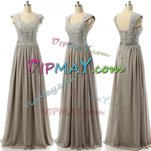 Exquisite Floor Length Grey Wedding Party Dress Chiffon Cap Sleeves Lace