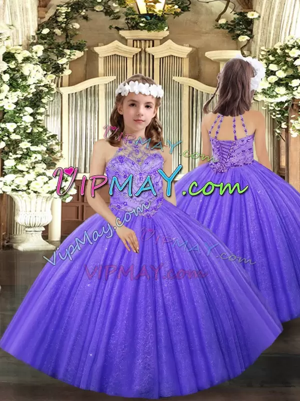 Trendy Tulle Halter Top Sleeveless Lace Up Beading and Ruffles Little Girl Pageant Gowns in Lavender