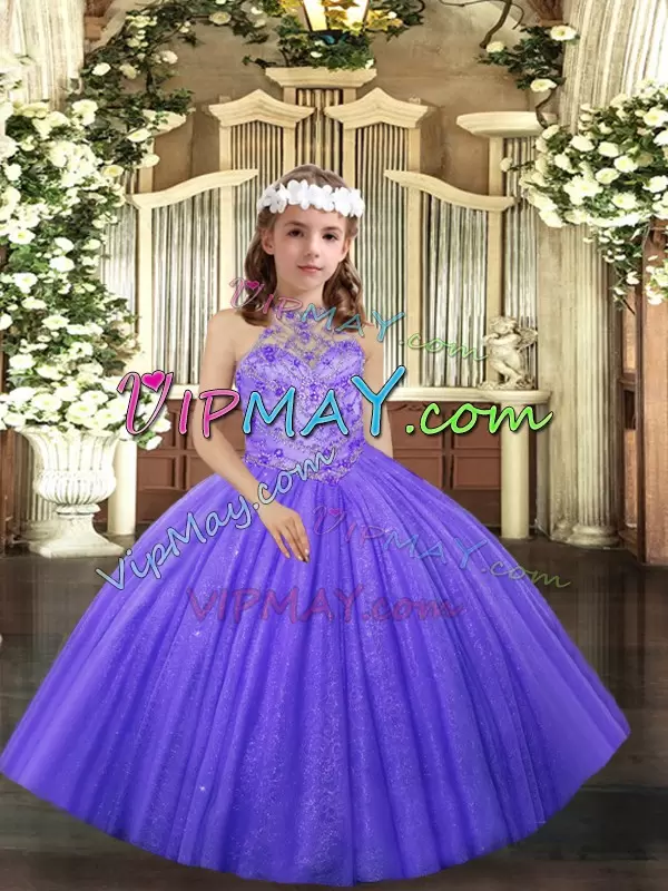 Trendy Tulle Halter Top Sleeveless Lace Up Beading and Ruffles Little Girl Pageant Gowns in Lavender