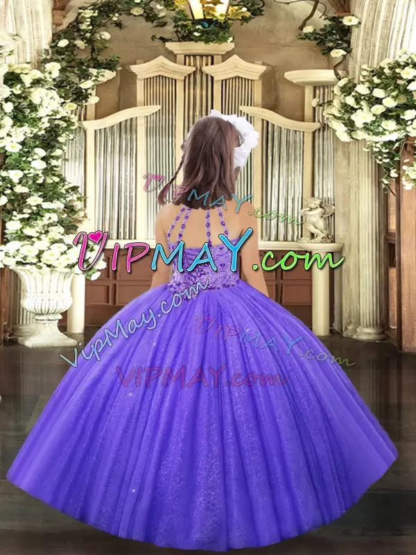 Trendy Tulle Halter Top Sleeveless Lace Up Beading and Ruffles Little Girl Pageant Gowns in Lavender