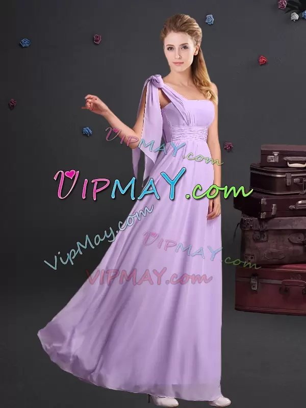 Lavender One Shoulder Neckline Ruching Dama Dress for Quinceanera Sleeveless Zipper