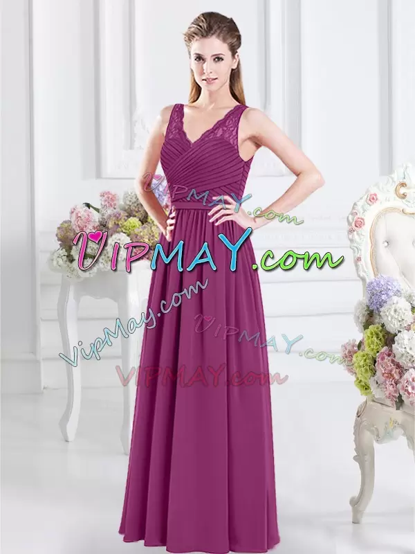 New Arrival Fuchsia Empire V-neck Sleeveless Chiffon Floor Length Side Zipper Lace and Ruching Quinceanera Court of Honor Dress