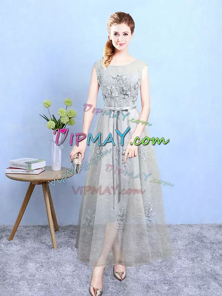 Trendy Ankle Length Grey Wedding Guest Dresses Scoop Sleeveless Lace Up