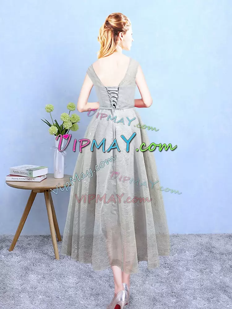 Trendy Ankle Length Grey Wedding Guest Dresses Scoop Sleeveless Lace Up