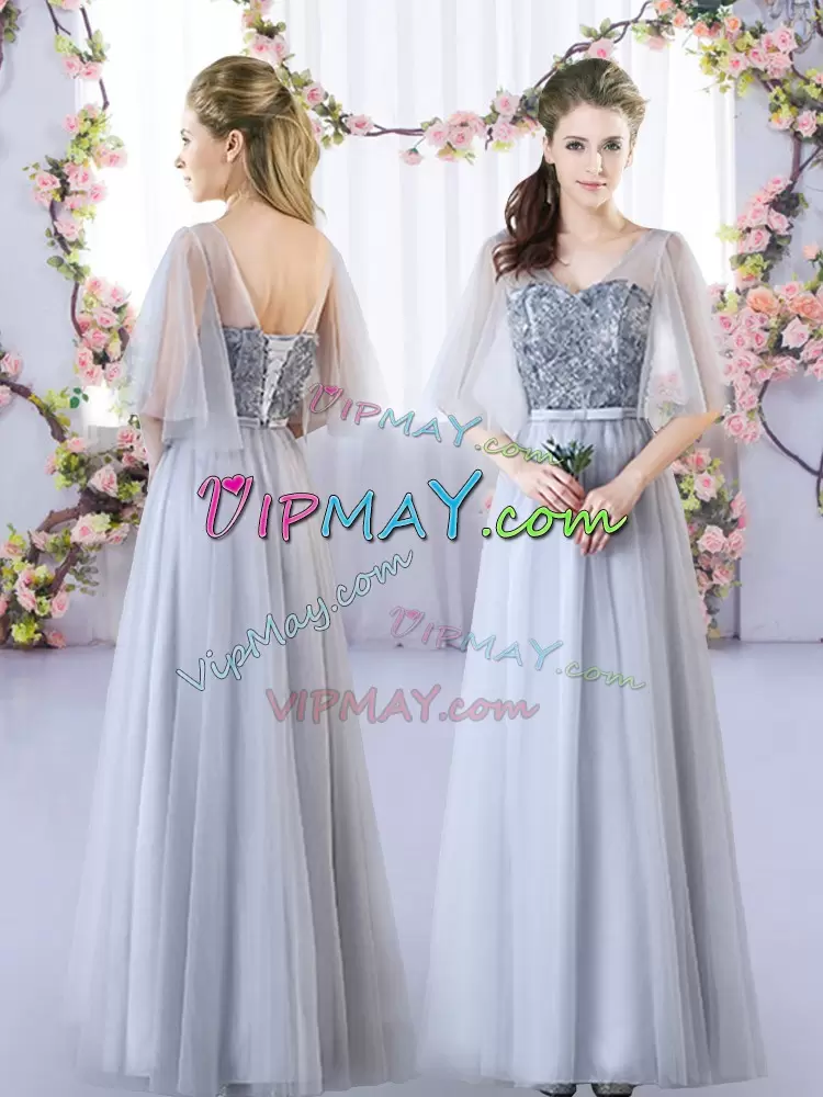 Grey Empire Appliques Bridesmaid Gown Lace Up Tulle Sleeveless Floor Length