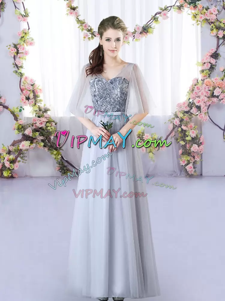 Grey Empire Appliques Bridesmaid Gown Lace Up Tulle Sleeveless Floor Length