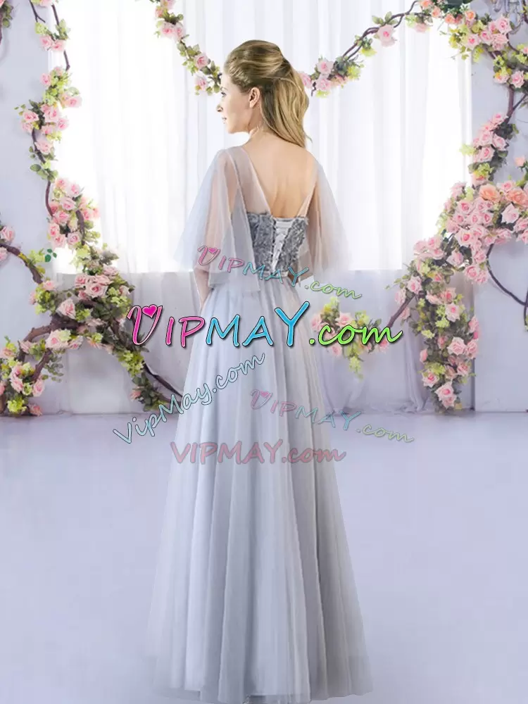 Grey Empire Appliques Bridesmaid Gown Lace Up Tulle Sleeveless Floor Length