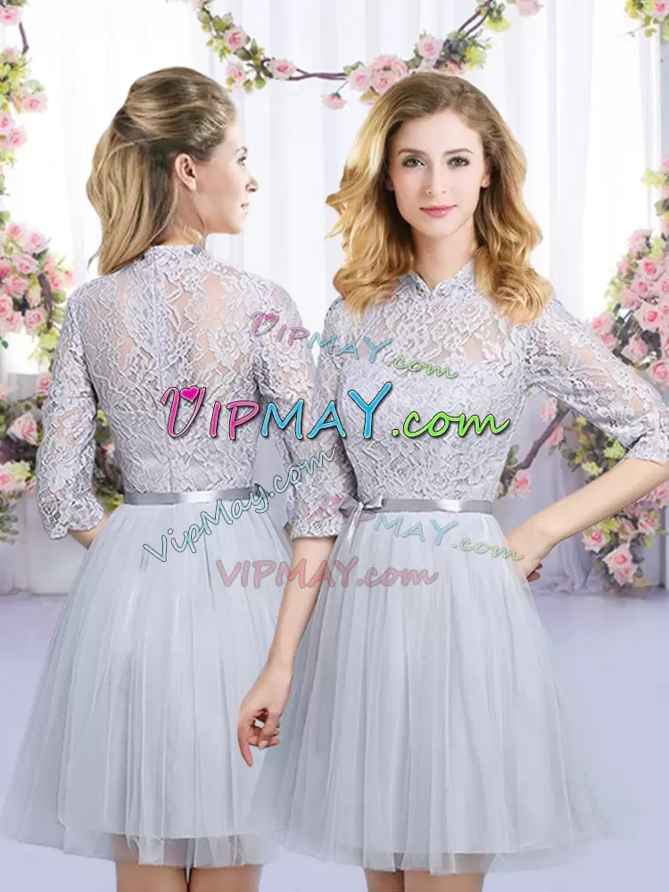 Half Sleeves Mini Length Lace and Belt Zipper Dama Dress for Quinceanera with Grey