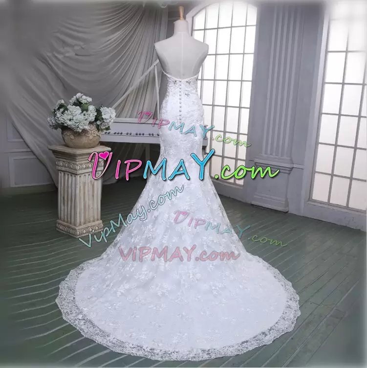 Sweetheart Sleeveless Sweep Train Clasp Handle Bridal Gown White Lace Beading and Lace