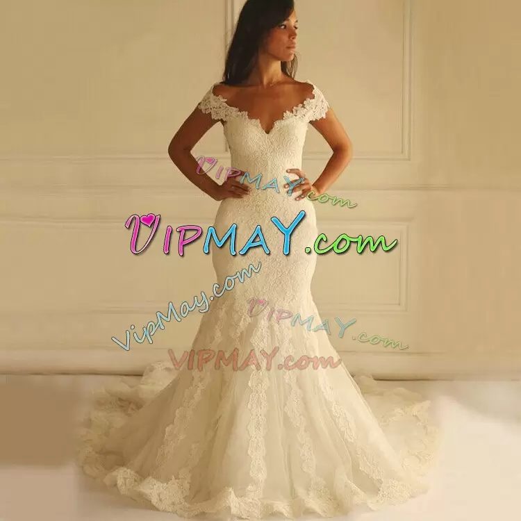 Fashionable White Off The Shoulder Zipper Lace and Appliques Wedding Dresses Court Train Sleeveless