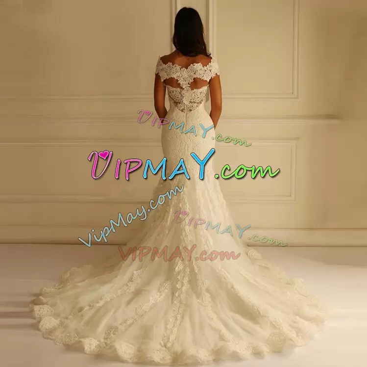 Fashionable White Off The Shoulder Zipper Lace and Appliques Wedding Dresses Court Train Sleeveless