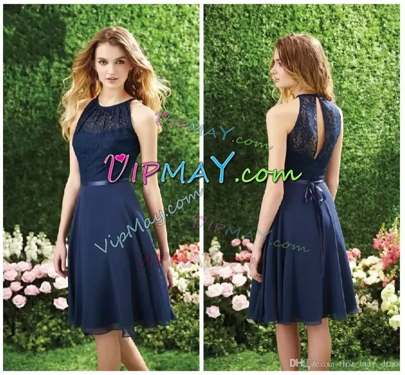 Beautiful Knee Length Backless Bridesmaid Gown Navy Blue for Party and Wedding Party with Lace